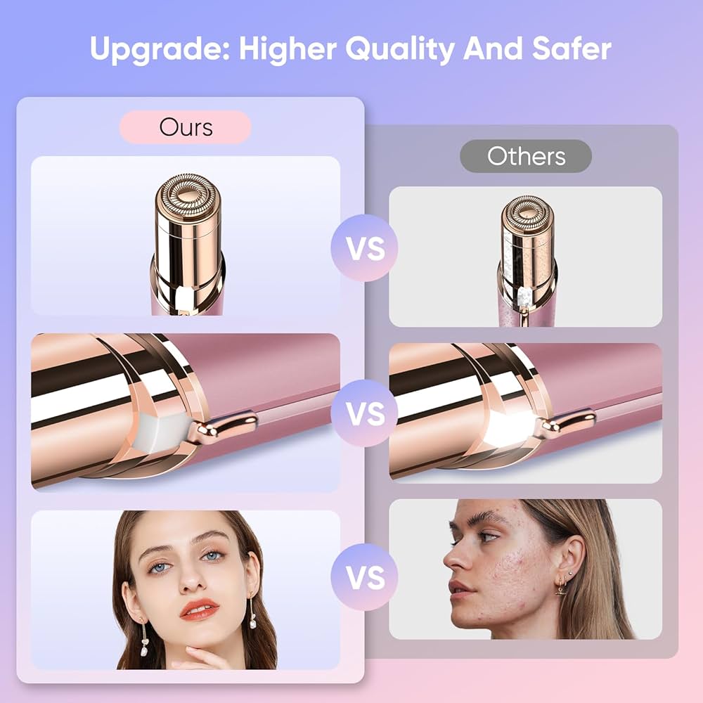 Facial Hair Removal for Women, Device, Remover Women Face, Finishing Touch Upper Lips, Chin & Cheeks, USB Rechargeable with LED LightIncluded Two Replacement Heads（Rose Gold）