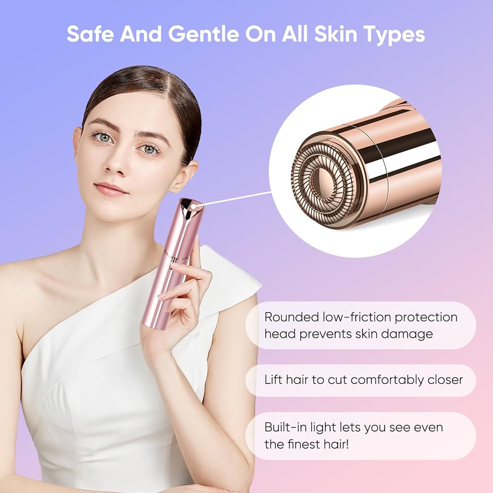 Facial Hair Removal for Women, Device, Remover Women Face, Finishing Touch Upper Lips, Chin & Cheeks, USB Rechargeable with LED LightIncluded Two Replacement Heads（Rose Gold）