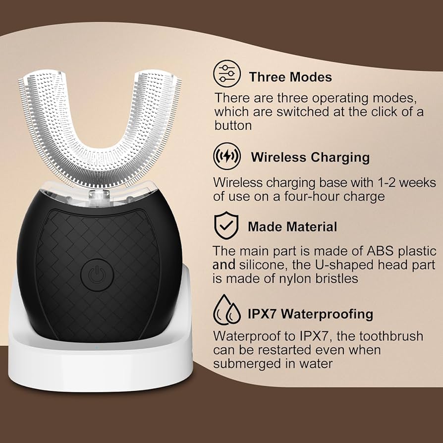 Ultrasonic U-Shaped Toothbrush for Teeth Whitening, Electric Toothbrush for Adults 360-degree Cleaning,3 Brush Heads, Wireless Charging and IPX7 Waterproof Kit for Travel or Home(Black)