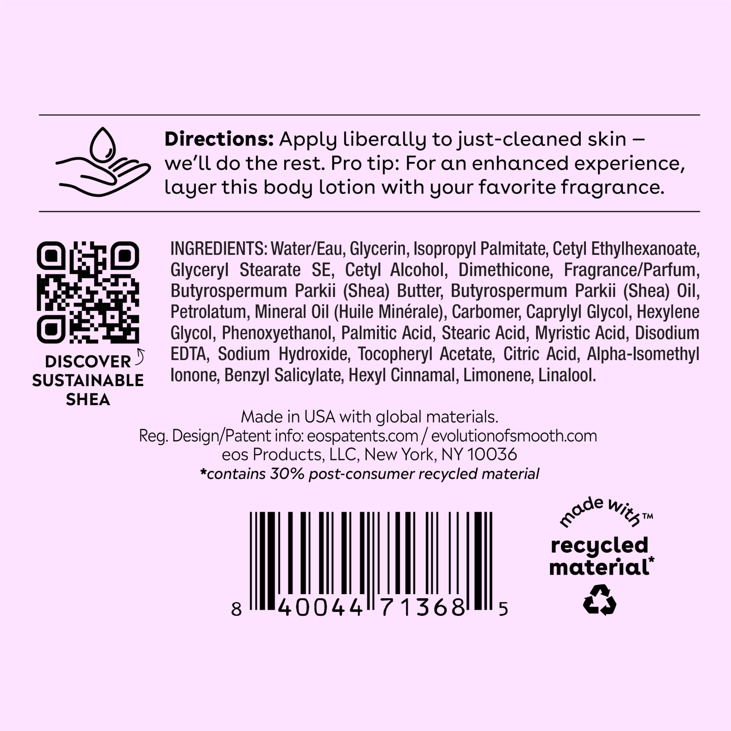 eos Shea Better Body Lotion Vanilla Cashmere, 24-Hour Moisture Skin Care, Lightweight & Non-Greasy, Natural Shea, Vegan, Vanilla Body Lotion, 16 fl oz