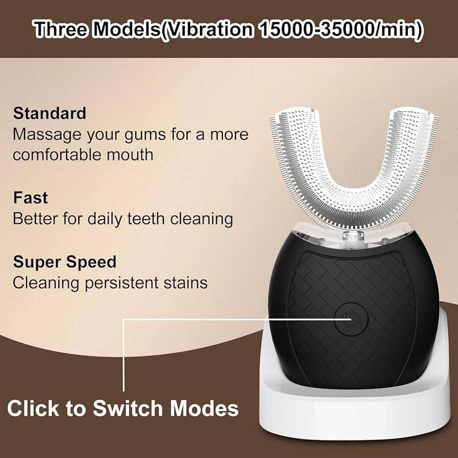 Ultrasonic U-Shaped Toothbrush for Teeth Whitening, Electric Toothbrush for Adults 360-degree Cleaning,3 Brush Heads, Wireless Charging and IPX7 Waterproof Kit for Travel or Home(Black)