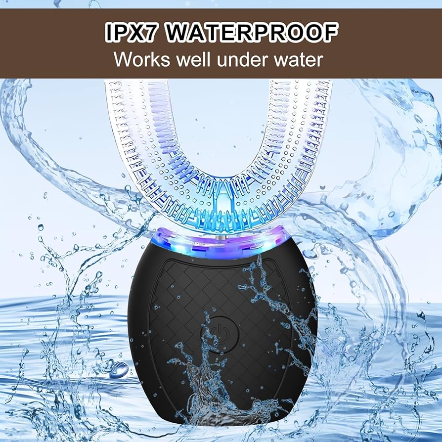 Ultrasonic U-Shaped Toothbrush for Teeth Whitening, Electric Toothbrush for Adults 360-degree Cleaning,3 Brush Heads, Wireless Charging and IPX7 Waterproof Kit for Travel or Home(Black)