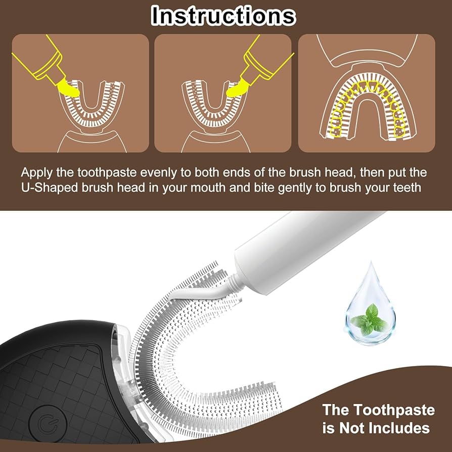 Ultrasonic U-Shaped Toothbrush for Teeth Whitening, Electric Toothbrush for Adults 360-degree Cleaning,3 Brush Heads, Wireless Charging and IPX7 Waterproof Kit for Travel or Home(Black)