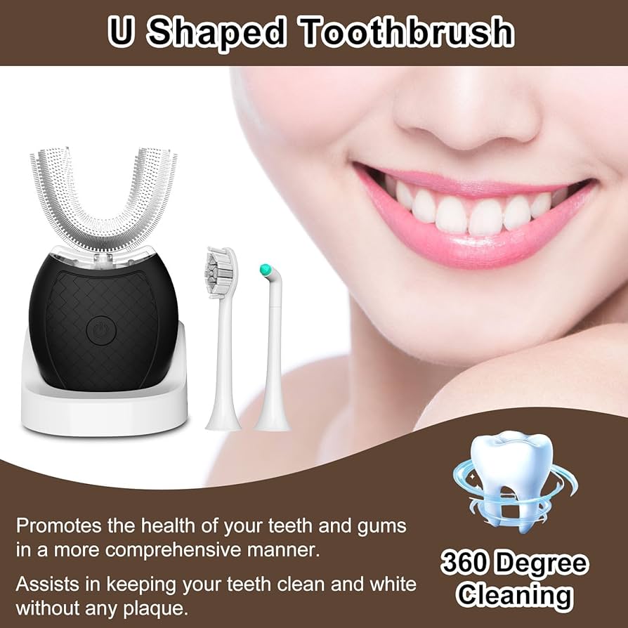 Ultrasonic U-Shaped Toothbrush for Teeth Whitening, Electric Toothbrush for Adults 360-degree Cleaning,3 Brush Heads, Wireless Charging and IPX7 Waterproof Kit for Travel or Home(Black)
