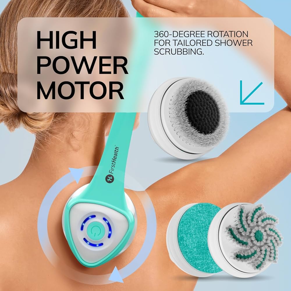 FirstHealth 6-in-1 Multifunctional Electric Shower Brush with Sonic Vibration, Detachable Handle, IPX7 Waterproof, 3 Speed Settings, Interchangeable Heads for Full-Body Cleansing & Exfoliation