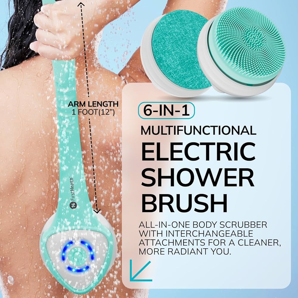 FirstHealth 6-in-1 Multifunctional Electric Shower Brush with Sonic Vibration, Detachable Handle, IPX7 Waterproof, 3 Speed Settings, Interchangeable Heads for Full-Body Cleansing & Exfoliation