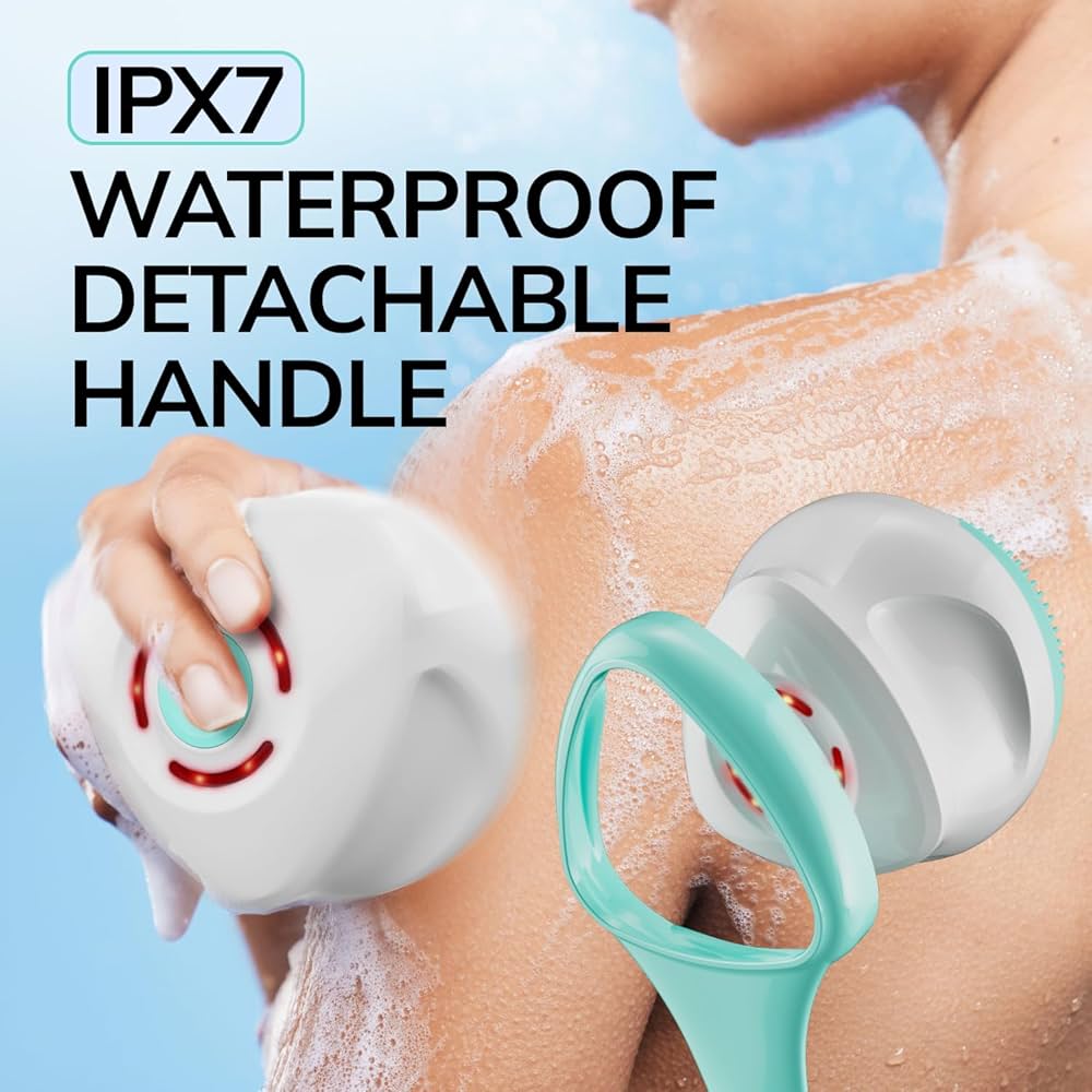 FirstHealth 6-in-1 Multifunctional Electric Shower Brush with Sonic Vibration, Detachable Handle, IPX7 Waterproof, 3 Speed Settings, Interchangeable Heads for Full-Body Cleansing & Exfoliation